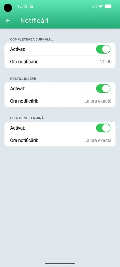 Pagina Setări notificări